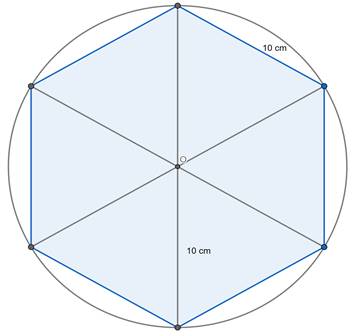 A regular hexagon of side 10 cm is cut from a plane circular sheet of ...